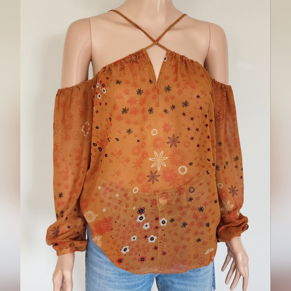 ZARA BROWN FLORAL LIGHTWEIGHT CRISS CROSS OF THE SHOULDER CHIFFON BLOUSE TOP XS - Picture 2 of 11